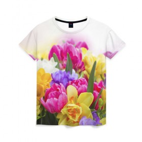 Женская футболка 3D с принтом Нежность в Екатеринбурге, 100% полиэфир ( синтетическое хлопкоподобное полотно) | прямой крой, круглый вырез горловины, длина до линии бедер | желтый | красный | любовь | новинки | подарок | розы | сердце | текстура | тюльпаны | цветы