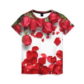 Женская футболка 3D с принтом Сильные чуства в Екатеринбурге, 100% полиэфир ( синтетическое хлопкоподобное полотно) | прямой крой, круглый вырез горловины, длина до линии бедер | желтый | красный | любовь | новинки | подарок | розы | сердце | текстура | тюльпаны | цветы
