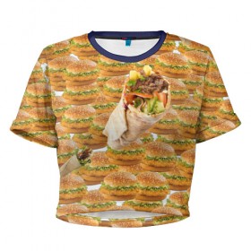 Женская футболка 3D укороченная с принтом Best food ever в Екатеринбурге, 100% полиэстер | круглая горловина, длина футболки до линии талии, рукава с отворотами | burger | fast food | бургер | донер | фастфуд | шава | шаурма