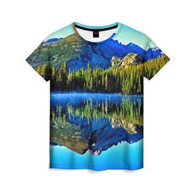Женская футболка 3D с принтом Switzerland в Екатеринбурге, 100% полиэфир ( синтетическое хлопкоподобное полотно) | прямой крой, круглый вырез горловины, длина до линии бедер | kander valley | switzerland | вечер | вода | горы | деревья | зима | лес | огни | озеро | парк | подсветка | снег | швейцария