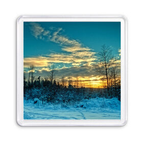 Магнит 55*55 с принтом Winter sunset в Екатеринбурге, Пластик | Размер: 65*65 мм; Размер печати: 55*55 мм | закат | лес зима | пейзаж