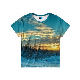 Детская футболка 3D с принтом Winter sunset в Екатеринбурге, 100% гипоаллергенный полиэфир | прямой крой, круглый вырез горловины, длина до линии бедер, чуть спущенное плечо, ткань немного тянется | закат | лес зима | пейзаж