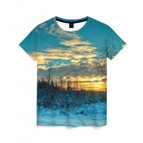 Женская футболка 3D с принтом Winter sunset в Екатеринбурге, 100% полиэфир ( синтетическое хлопкоподобное полотно) | прямой крой, круглый вырез горловины, длина до линии бедер | закат | лес зима | пейзаж