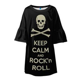 Детское платье 3D с принтом Keep Calm and ROCK в Екатеринбурге, 100% полиэстер | прямой силуэт, чуть расширенный к низу. Круглая горловина, на рукавах — воланы | Тематика изображения на принте: music | rock | rock and roll | музыка | рок