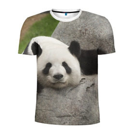 Мужская футболка 3D спортивная с принтом Панда на камушке в Екатеринбурге, 100% полиэстер с улучшенными характеристиками | приталенный силуэт, круглая горловина, широкие плечи, сужается к линии бедра | бамбук | животное | медведь