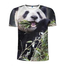 Мужская футболка 3D спортивная с принтом Панда кушает в Екатеринбурге, 100% полиэстер с улучшенными характеристиками | приталенный силуэт, круглая горловина, широкие плечи, сужается к линии бедра | бамбук | животное | медведь