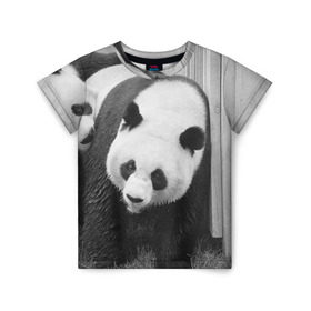 Детская футболка 3D с принтом Панды чб фото в Екатеринбурге, 100% гипоаллергенный полиэфир | прямой крой, круглый вырез горловины, длина до линии бедер, чуть спущенное плечо, ткань немного тянется | Тематика изображения на принте: бамбук | животное | медведь