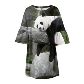 Детское платье 3D с принтом Большая уставшая панда в Екатеринбурге, 100% полиэстер | прямой силуэт, чуть расширенный к низу. Круглая горловина, на рукавах — воланы | Тематика изображения на принте: бамбук | животное | медведь