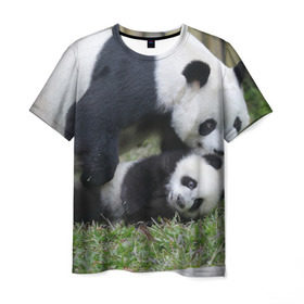 Мужская футболка 3D с принтом Мамочка и сыночек панды в Екатеринбурге, 100% полиэфир | прямой крой, круглый вырез горловины, длина до линии бедер | Тематика изображения на принте: бамбук | животное | медведь