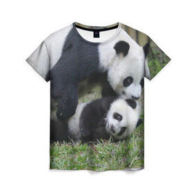 Женская футболка 3D с принтом Мамочка и сыночек панды в Екатеринбурге, 100% полиэфир ( синтетическое хлопкоподобное полотно) | прямой крой, круглый вырез горловины, длина до линии бедер | бамбук | животное | медведь