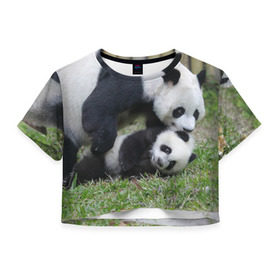Женская футболка 3D укороченная с принтом Мамочка и сыночек панды в Екатеринбурге, 100% полиэстер | круглая горловина, длина футболки до линии талии, рукава с отворотами | бамбук | животное | медведь