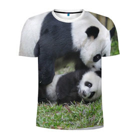 Мужская футболка 3D спортивная с принтом Мамочка и сыночек панды в Екатеринбурге, 100% полиэстер с улучшенными характеристиками | приталенный силуэт, круглая горловина, широкие плечи, сужается к линии бедра | бамбук | животное | медведь