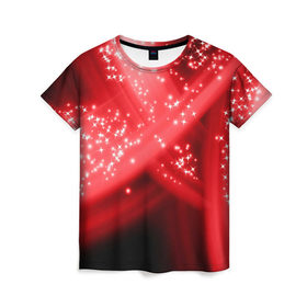Женская футболка 3D с принтом Звёздный шлейф в Екатеринбурге, 100% полиэфир ( синтетическое хлопкоподобное полотно) | прямой крой, круглый вырез горловины, длина до линии бедер | абстракция | блеск | гламур | звёздочка | звёзды | красный | огни