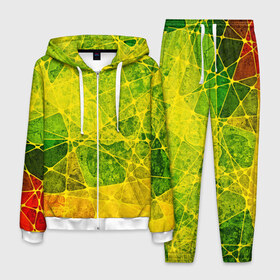 Мужской костюм 3D с принтом Particles в Екатеринбурге, 100% полиэстер | Манжеты и пояс оформлены тканевой резинкой, двухслойный капюшон со шнурком для регулировки, карманы спереди | желтый | зеленый | потертый | треугольники | яркий