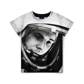 Детская футболка 3D с принтом Юрий Гагарин в Екатеринбурге, 100% гипоаллергенный полиэфир | прямой крой, круглый вырез горловины, длина до линии бедер, чуть спущенное плечо, ткань немного тянется | первый космонавт