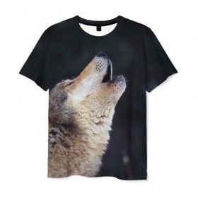Мужская футболка 3D с принтом Вой серого волка в Екатеринбурге, 100% полиэфир | прямой крой, круглый вырез горловины, длина до линии бедер | серый