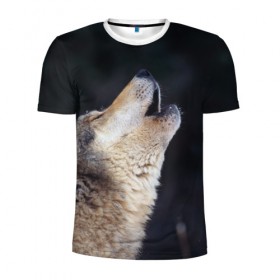 Мужская футболка 3D спортивная с принтом Вой серого волка в Екатеринбурге, 100% полиэстер с улучшенными характеристиками | приталенный силуэт, круглая горловина, широкие плечи, сужается к линии бедра | серый