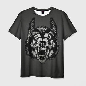 Мужская футболка 3D с принтом Злой оскал волка в Екатеринбурге, 100% полиэфир | прямой крой, круглый вырез горловины, длина до линии бедер | аука | бирюк | волк | волчара | волчица | волчок | глаза | животное | животные | зверь | койот | млекопитающее | оскал | санитар леса | силуэт | татуировка | трафарет | уши | хищник | черный | шакал