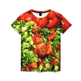 Женская футболка 3D с принтом Салатик в Екатеринбурге, 100% полиэфир ( синтетическое хлопкоподобное полотно) | прямой крой, круглый вырез горловины, длина до линии бедер | зеленый | красный | нарезка | овощи | яркий