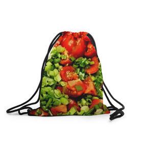 Рюкзак-мешок 3D с принтом Салатик в Екатеринбурге, 100% полиэстер | плотность ткани — 200 г/м2, размер — 35 х 45 см; лямки — толстые шнурки, застежка на шнуровке, без карманов и подкладки | зеленый | красный | нарезка | овощи | яркий