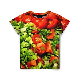 Детская футболка 3D с принтом Салатик в Екатеринбурге, 100% гипоаллергенный полиэфир | прямой крой, круглый вырез горловины, длина до линии бедер, чуть спущенное плечо, ткань немного тянется | зеленый | красный | нарезка | овощи | яркий