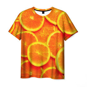 Мужская футболка 3D с принтом Сочные апельсины в Екатеринбурге, 100% полиэфир | прямой крой, круглый вырез горловины, длина до линии бедер | апельсин | летние | сочные | цитрус | яркие