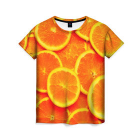 Женская футболка 3D с принтом Сочные апельсины в Екатеринбурге, 100% полиэфир ( синтетическое хлопкоподобное полотно) | прямой крой, круглый вырез горловины, длина до линии бедер | апельсин | летние | сочные | цитрус | яркие