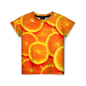 Детская футболка 3D с принтом Сочные апельсины в Екатеринбурге, 100% гипоаллергенный полиэфир | прямой крой, круглый вырез горловины, длина до линии бедер, чуть спущенное плечо, ткань немного тянется | апельсин | летние | сочные | цитрус | яркие