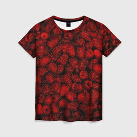 Женская футболка 3D с принтом Малинки в Екатеринбурге, 100% полиэфир ( синтетическое хлопкоподобное полотно) | прямой крой, круглый вырез горловины, длина до линии бедер | малиновый | паттерн | темный | ягоды