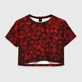 Женская футболка 3D укороченная с принтом Малинки в Екатеринбурге, 100% полиэстер | круглая горловина, длина футболки до линии талии, рукава с отворотами | малиновый | паттерн | темный | ягоды