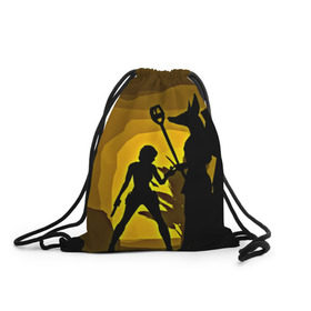 Рюкзак-мешок 3D с принтом Tomb Raider в Екатеринбурге, 100% полиэстер | плотность ткани — 200 г/м2, размер — 35 х 45 см; лямки — толстые шнурки, застежка на шнуровке, без карманов и подкладки | желтый | лара крофт | черный