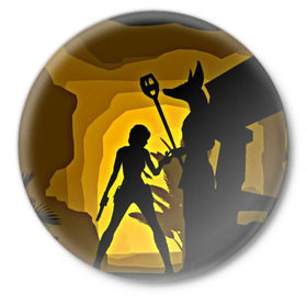Значок с принтом Tomb Raider в Екатеринбурге,  металл | круглая форма, металлическая застежка в виде булавки | Тематика изображения на принте: желтый | лара крофт | черный