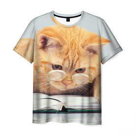 Мужская футболка 3D с принтом Кот ученый в Екатеринбурге, 100% полиэфир | прямой крой, круглый вырез горловины, длина до линии бедер | грустный | добрый | животное | киса | киска | кот | котенок | котэ | кошка | красивый | лапа | лапка | ласковый | милый | очки | прикольный | рыжий | смешной | унылый | усатый | шерсть