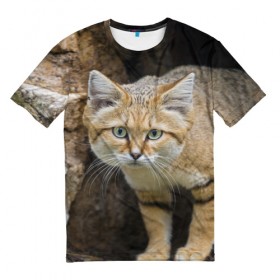 Мужская футболка 3D с принтом Песчаный кот в Екатеринбурге, 100% полиэфир | прямой крой, круглый вырез горловины, длина до линии бедер | грустный | добрый | животное | киса | киска кися | кот | котенок | котэ | кошка | красивый | лапа | лапка | ласковый | милый | моська | мурлыка | прикольный | смешной | унылый | усатый | шерсть