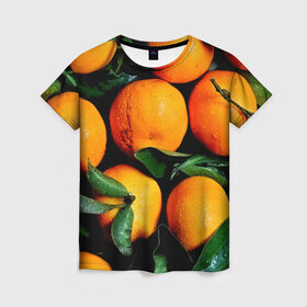Женская футболка 3D с принтом Мандаринчики в Екатеринбурге, 100% полиэфир ( синтетическое хлопкоподобное полотно) | прямой крой, круглый вырез горловины, длина до линии бедер | зелень | оранжевый | цитрус | яркий