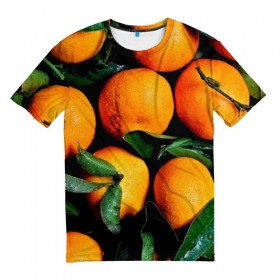 Мужская футболка 3D с принтом Мандаринчики в Екатеринбурге, 100% полиэфир | прямой крой, круглый вырез горловины, длина до линии бедер | зелень | оранжевый | цитрус | яркий