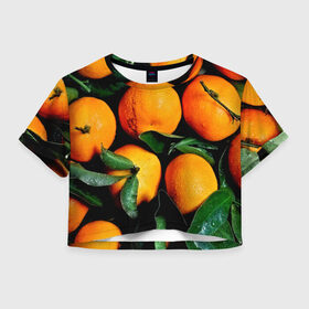 Женская футболка 3D укороченная с принтом Мандаринчики в Екатеринбурге, 100% полиэстер | круглая горловина, длина футболки до линии талии, рукава с отворотами | зелень | оранжевый | цитрус | яркий