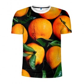 Мужская футболка 3D спортивная с принтом Мандаринчики в Екатеринбурге, 100% полиэстер с улучшенными характеристиками | приталенный силуэт, круглая горловина, широкие плечи, сужается к линии бедра | зелень | оранжевый | цитрус | яркий