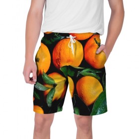 Мужские шорты 3D с принтом Мандаринчики в Екатеринбурге,  полиэстер 100% | прямой крой, два кармана без застежек по бокам. Мягкая трикотажная резинка на поясе, внутри которой широкие завязки. Длина чуть выше колен | зелень | оранжевый | цитрус | яркий