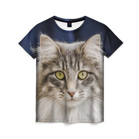 Женская футболка 3D с принтом Серый кот в Екатеринбурге, 100% полиэфир ( синтетическое хлопкоподобное полотно) | прямой крой, круглый вырез горловины, длина до линии бедер | грустный | добрый | животное | киса | киска кися | кот | котенок | котэ | кошка | красивый | лапа | лапка | ласковый | милый | моська | мурлыка | прикольный | смешной | унылый | усатый | шерсть