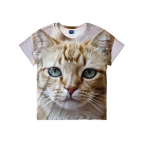 Детская футболка 3D с принтом Рыжий кот, зеленые глаза в Екатеринбурге, 100% гипоаллергенный полиэфир | прямой крой, круглый вырез горловины, длина до линии бедер, чуть спущенное плечо, ткань немного тянется | грустный | добрый | животное | киса | киска кися | кот | котенок | котэ | кошка | красивый | лапа | лапка | ласковый | милый | моська | мурлыка | прикольный | смешной | унылый | усатый | шерсть