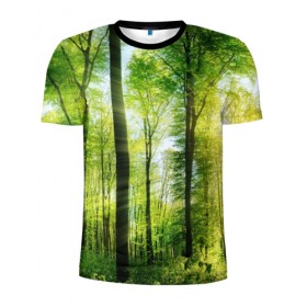Мужская футболка 3D спортивная с принтом Солнечный лес в Екатеринбурге, 100% полиэстер с улучшенными характеристиками | приталенный силуэт, круглая горловина, широкие плечи, сужается к линии бедра | деревья | зелень | лес | лето | лучи солнца | солнце | тайга