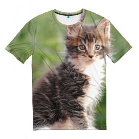 Мужская футболка 3D с принтом Породистый котено в Екатеринбурге, 100% полиэфир | прямой крой, круглый вырез горловины, длина до линии бедер | грустный | добрый | животное | киса | киска кися | кот | котенок | котэ | кошка | красивый | лапа | лапка | ласковый | милый | моська | мурлыка | прикольный | смешной | унылый | усатый | шерсть