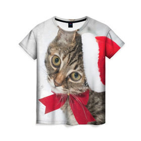 Женская футболка 3D с принтом Новогодний кот в колпаке в Екатеринбурге, 100% полиэфир ( синтетическое хлопкоподобное полотно) | прямой крой, круглый вырез горловины, длина до линии бедер | грустный | добрый | животное | киса | киска кися | кот | котенок | котэ | кошка | красивый | лапа | лапка | ласковый | милый | моська | мурлыка | прикольный | смешной | унылый | усатый | шерсть