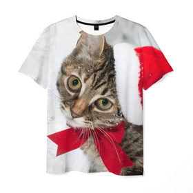 Мужская футболка 3D с принтом Новогодний кот в колпаке в Екатеринбурге, 100% полиэфир | прямой крой, круглый вырез горловины, длина до линии бедер | грустный | добрый | животное | киса | киска кися | кот | котенок | котэ | кошка | красивый | лапа | лапка | ласковый | милый | моська | мурлыка | прикольный | смешной | унылый | усатый | шерсть