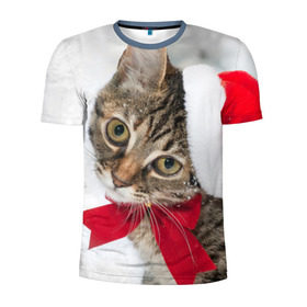 Мужская футболка 3D спортивная с принтом Новогодний кот в колпаке в Екатеринбурге, 100% полиэстер с улучшенными характеристиками | приталенный силуэт, круглая горловина, широкие плечи, сужается к линии бедра | грустный | добрый | животное | киса | киска кися | кот | котенок | котэ | кошка | красивый | лапа | лапка | ласковый | милый | моська | мурлыка | прикольный | смешной | унылый | усатый | шерсть