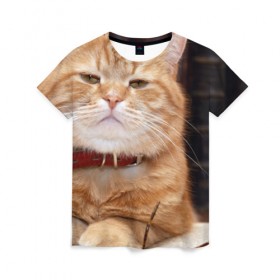 Женская футболка 3D с принтом Рыжий кот в Екатеринбурге, 100% полиэфир ( синтетическое хлопкоподобное полотно) | прямой крой, круглый вырез горловины, длина до линии бедер | грустный | добрый | животное | киса | киска кися | кот | котенок | котэ | кошка | красивый | лапа | лапка | ласковый | милый | моська | мурлыка | прикольный | смешной | унылый | усатый | шерсть
