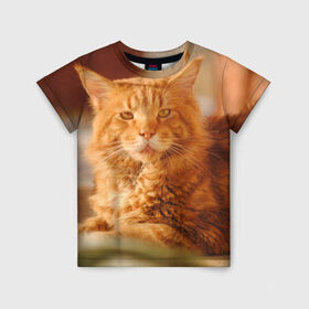 Детская футболка 3D с принтом Рыжий кот в Екатеринбурге, 100% гипоаллергенный полиэфир | прямой крой, круглый вырез горловины, длина до линии бедер, чуть спущенное плечо, ткань немного тянется | Тематика изображения на принте: грустный | добрый | животное | киса | киска кися | кот | котенок | котэ | кошка | красивый | лапа | лапка | ласковый | милый | моська | мурлыка | прикольный | смешной | унылый | усатый | шерсть