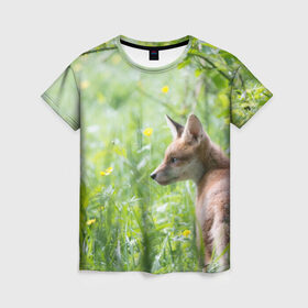 Женская футболка 3D с принтом Лисенок в Екатеринбурге, 100% полиэфир ( синтетическое хлопкоподобное полотно) | прямой крой, круглый вырез горловины, длина до линии бедер | fox | животное | зверь | красивая | лес | лис | лиса | лисенок | лисица | лисичка | природа | рыжая | рыжий цвет | хвост | хитрая | хищник