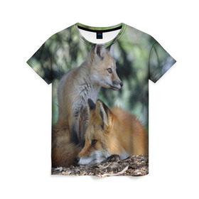 Женская футболка 3D с принтом Лиса и лесенок в Екатеринбурге, 100% полиэфир ( синтетическое хлопкоподобное полотно) | прямой крой, круглый вырез горловины, длина до линии бедер | fox | животное | зверь | красивая | лес | лис | лиса | лисенок | лисица | лисичка | мех | патрикеевна | песец | плутовка | прикольная | природа | рыжая | рыжий цвет | сказка | хвост | хитрая | хищник